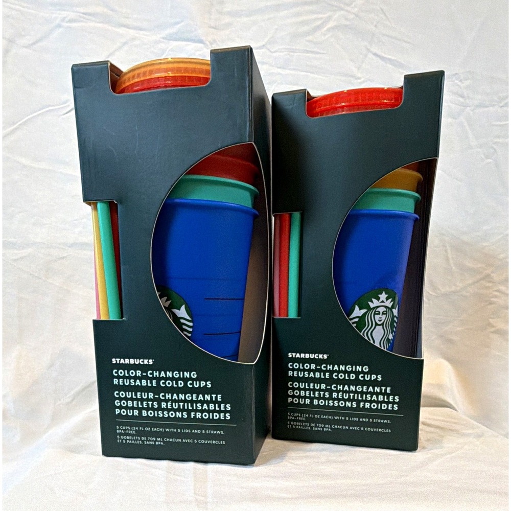 Starbucks Color-Changing Reusable Cold Cups 5-Pack w/ Lids & Straws Multicolor
